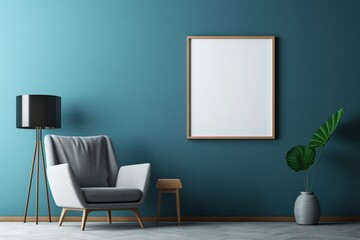 A deep blue wall serves as the backdrop for a tropical-inspired living room with a blank empty mockup frame. Blank empty mockup frame.
