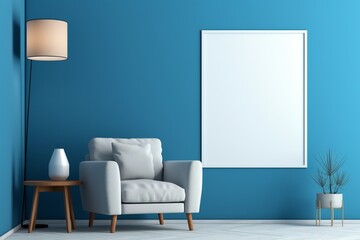 A deep blue wall serves as the backdrop for a tropical living room with a blank empty mockup frame. Blank empty mockup frame.