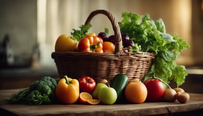 Fototapeta na wymiar Assorted Organic Vegetables and Fruits in a Wicker Basket