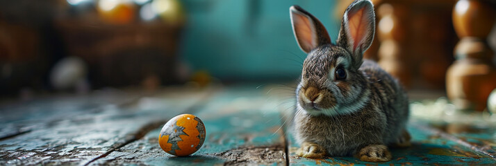 a rabbit sitting on the floor of a blue room on the right and a single easter egg on the left