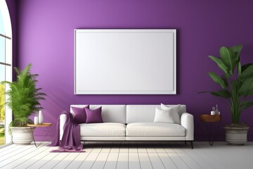 A deep purple wall sets the stage for a tropical oasis living room with a blank empty mockup frame. Blank empty mockup frame.
