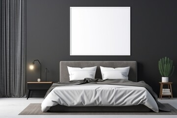 A stylish dark-colored bedroom, bed in profile, adorned with a marble floor and an empty mockup frame on a charcoal gray wall. Blank empty mockup frame.