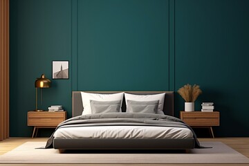 A stylishly designed room with a dark bed, complemented by an empty mockup frame on the deep teal wall.