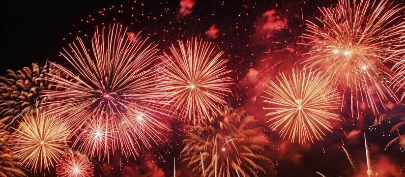 Numerous large firework displays with red fireballs at night.