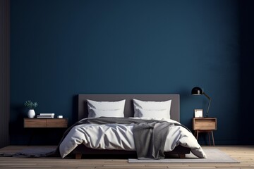 An HD capture of a contemporary bedroom with a dark bed, a blank mockup frame on the moody indigo wall.