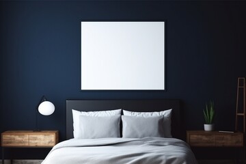 An overhead view showcasing a dark-themed bedroom with a charcoal bed and a blank empty mockup frame on a navy blue wall.