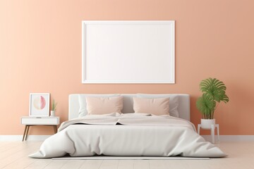 Bedroom ambiance with a bed and an empty mockup frame on the vibrant peach wall. Blank empty mockup frame.