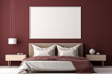 Bedroom ambiance with a light-colored bed and an empty mockup frame on the vibrant burgundy wall. Blank empty mockup frame.