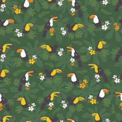 Vector dark green tropical birthday party seamless pattern background. With toucan birds.Perfect for fabric, scrapbooking, wallpaper projects.