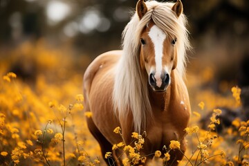 A palomino horse graces a field of golden flowers, emanating natural beauty - obrazy, fototapety, plakaty