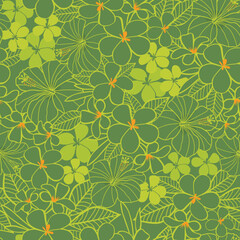 Vector green tropical flowers hibiscus and frangipani seamless pattern background. Perfect for fabric, scrapbooking, wallpaper projects.