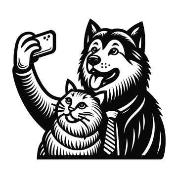 cat and dog taking selfie funny cute illustration