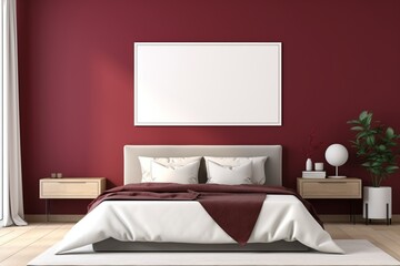 Bedroom with a serene atmosphere, showcasing a light-colored bed and a blank empty mockup frame on the vibrant burgundy wall. Blank empty mockup frame.