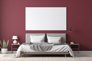Bedroom with a serene atmosphere, showcasing a light-colored bed and a blank empty mockup frame on the vibrant burgundy wall. Blank empty mockup frame.