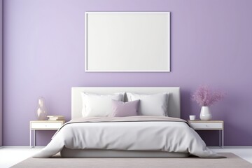 Bedroom with a serene atmosphere, a light-colored bed, and an empty mockup frame on the vibrant...