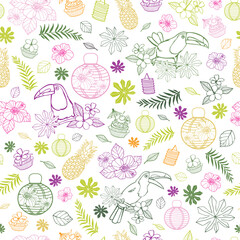Vector white background with colourful tropical birthday party elements seamless pattern background with toucan and paper lanterns. Perfect for fabric, scrapbooking, wallpaper projects.