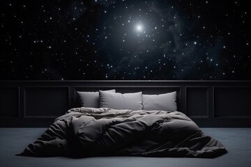 Celestial bedroom setting, dark bed, and an empty mockup frame on a galaxy black wall. Blank empty mockup frame.