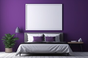 Charcoal black bedroom with an empty mockup frame on the vibrant purple wall. Blank empty mockup frame.