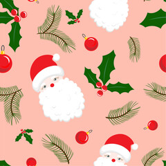 New Year's pattern with Santa Claus, Christmas tree, Christmas tree toys and Christmas tree branches
