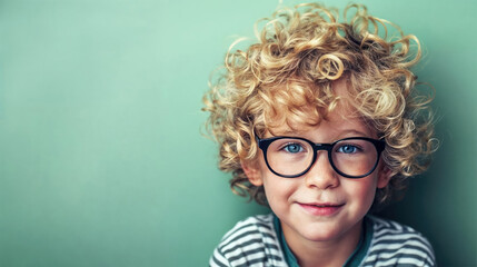 Smart boy with big nerdy glasses smiling on solid green background