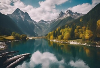 AI-generated illustration of a tranquil lake nestled in the midst of a majestic mountain range - obrazy, fototapety, plakaty