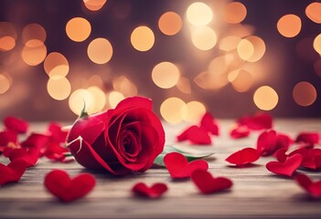 AI-generated illustration of a rose with scattered petals across a wooden surface