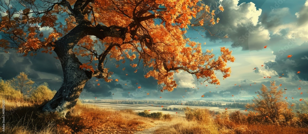 Sticker Enchanting scenery. Incredible tree. Photo editing transforming artwork.