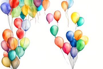 Bunch of tied colourful balloons illustration in watercolour style isolated cutout on transparent