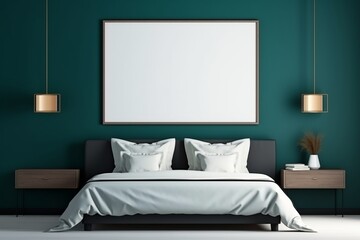 Elegant dark-themed bedroom with a luxurious bed and a blank empty mockup frame on the navy teal wall. Blank empty mockup frame.