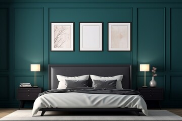 Elegant dark-themed bedroom with a luxurious bed and a blank empty mockup frame on the navy teal wall. Blank empty mockup frame.