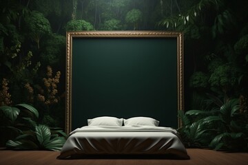 Elegantly designed bedroom with an empty mockup frame on a deep forest green wall.