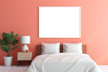Espresso-themed bedroom with an empty mockup frame on the vibrant coral wall. Blank empty mockup frame.