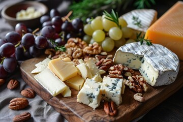 A Rustic Wooden Cutting Board with a Delicious Assortment of Cheese and Nuts