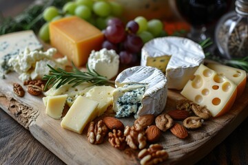 Wooden Cutting Board with Assorted Cheese and Nuts