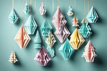 Group of pastel color paper honeycomb Christmas tree ornament decoration isolated cutout on transparent - obrazy, fototapety, plakaty