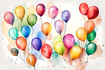 Bunch of tied colourful balloons illustration in watercolour style isolated cutout on transparent