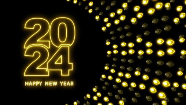4K Neon new Year 2024 Frame Neon illuminated light bulbs pattern  abstract loop background New year Xmas and Holiday modern celebration card frame template Yellow glowing flickering light bulbs frame