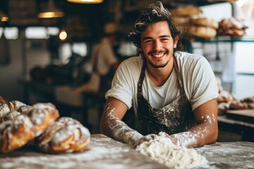 A Happy Man Surrounded by Delicious Doughnuts