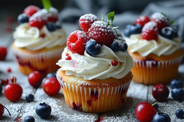 Delicious Cupcakes with Whipped Cream and Berries