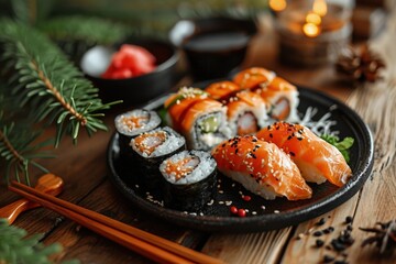 A Delicious Assortment of Sushi on a Black Plate