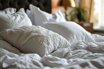 Close-Up of a Bed with White Sheets and Pillows