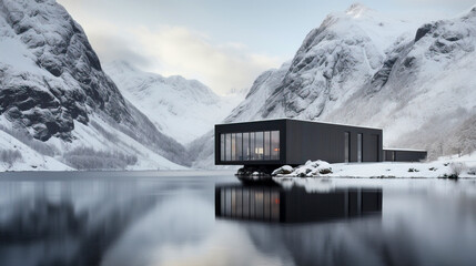 Modern cabin by a lake in winter with a snowy landscape