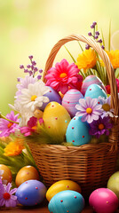 Easter basket with colorful eggs and fresh spring colors