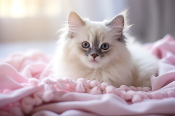 A charming Ragdoll kitten on a soft, pastel-hued blanket.