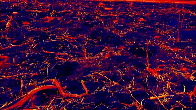 Dried-up degenerate earth with forest remnants. Result nature of overexploitation, anthropogenic impact, environmental pressure. Carbon emissions, climate change concept. Analogue of infra-red image