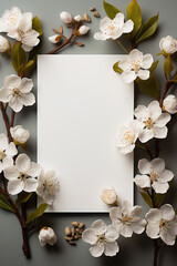Elegant white flowers artistically framing a blank card from a top view, perfect for spring-themed design mockups.
