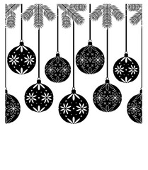 seamless border with hanging christmas balls and spruce twigs isolated on white background