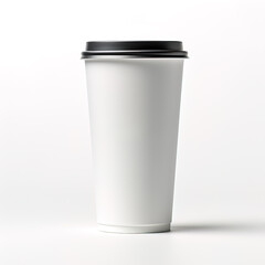 A blank disposable coffee cup with a black lid on a white background, perfect for a branding mockup.
