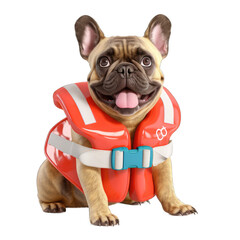 A French Bulldog With a Lifeguard Vest for Summer Vacation Emoji Face Character. Isolated on a Transparent Background. Cutout PNG.
