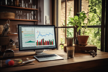 desk laptop with stock graphs, trader sell buy 